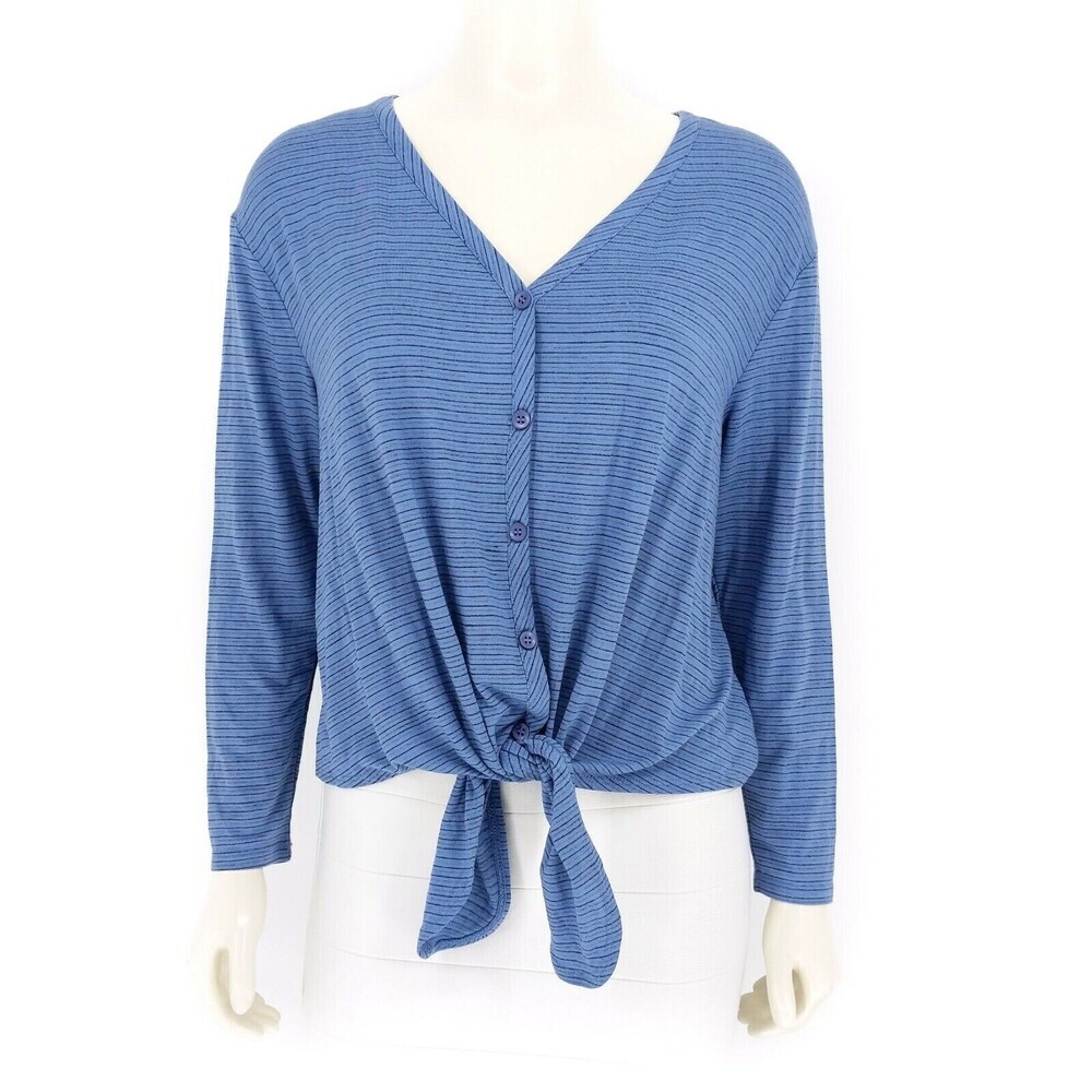 Everleigh Women's Tie Hem V-Neck Cardigan Top In Denim Blue Stripe Size M